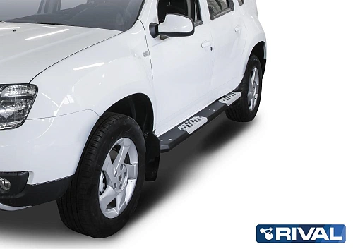 Алюминиевые пороги + комплект крепежа, RIVAL, Renault Duster 2011-2015- / Nissan Terrano 2014-