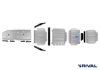 Комплект защит радиатора + картера + КПП + РК + бака + комплект крепежа, Rival, Алюмний, Jac T9, V - 2.0. АКПП, полный, 2024-
