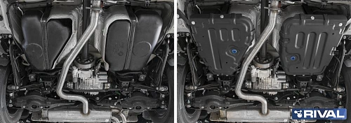 Защита топливного бака + комплект крепежа, RIVAL, Сталь, Volkswagen Tiguan 2020-, V - 2.0 (180л.с.)/Skoda Kodiaq 2017-, V - 2.0 (180л.с.); 2.0d (150л.