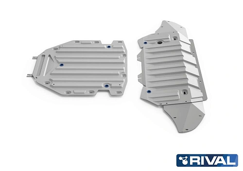 Комплект защит  картер + КПП + комплект крепежа, RIVAL, Алюминий, Audi Q7 2020-, V - 3.0d/Audi Q7 2015-2020, V - 3.0; 3.0d; 2 части