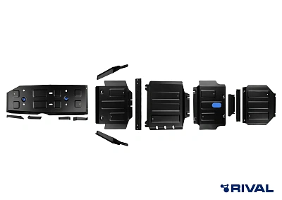 Комплект защит радиатора + картера + КПП + РК + бака + комплект крепежа, Rival, Сталь, Jac T9, V - 2.0. АКПП, полный, 2024-